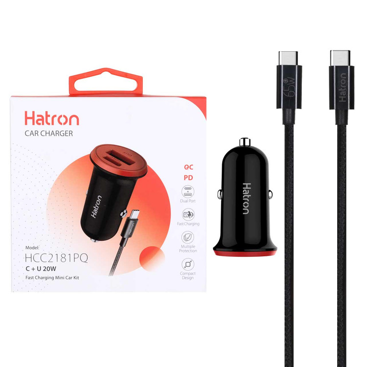 شارژر فندکی فست و PD دو پورت Hatron مدل HCC2181PQ 20W به همراه کابل شارژ Type-C