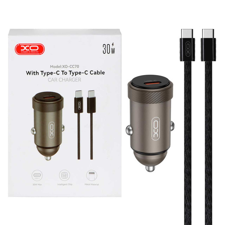 شارژر فندکی فست تک پورت XO مدل CC70 30W به همراه کابل شارژ Type-C To Type-C