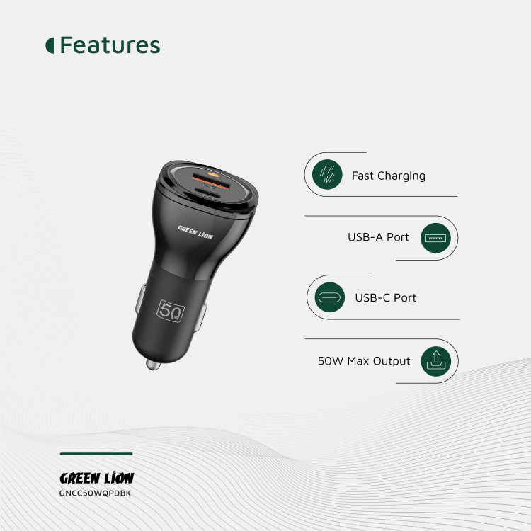 شارژر فندکی ۵۰ وات دو پورت گرین لاین Dual Port Car Charger 50W