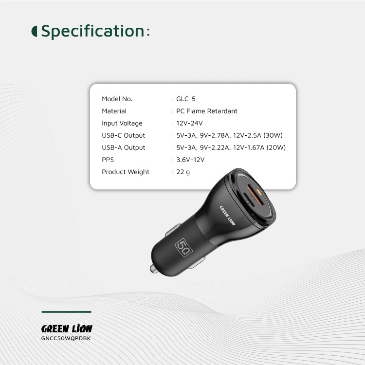 شارژر فندکی ۵۰ وات دو پورت گرین لاین Dual Port Car Charger 50W