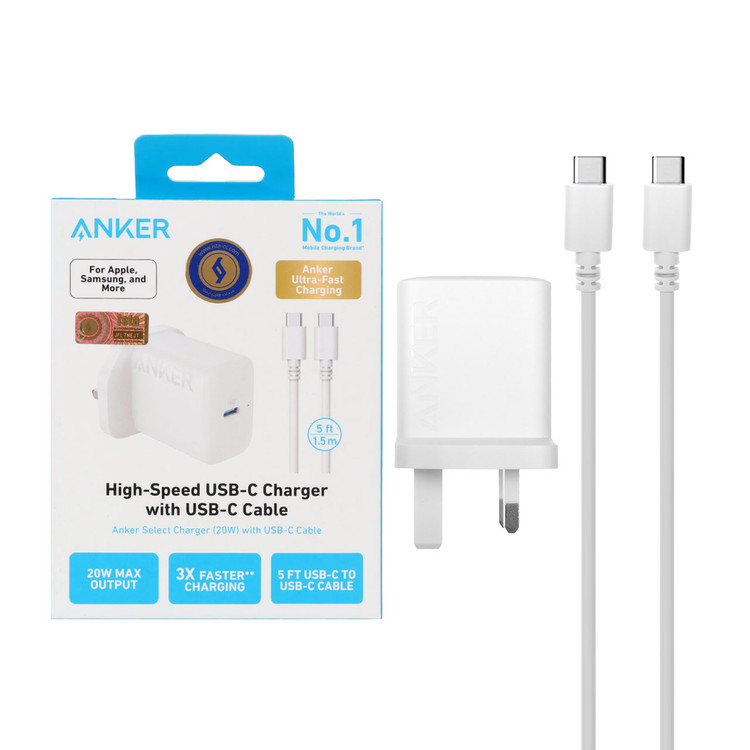 شارژر دیواری سه پین PD و فست تک پورت ANKER مدل B2347K21 20W به همراه کابل شارژ Type-C To Type-C